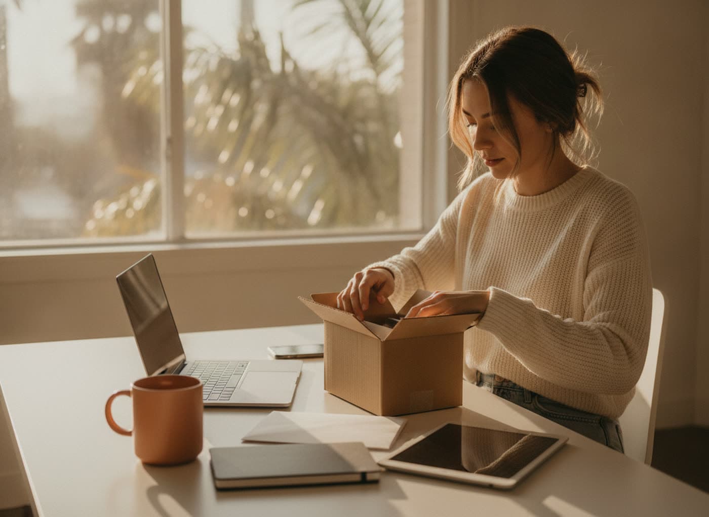 A founder packing a small shipping box in a bright Los Angeles studio
