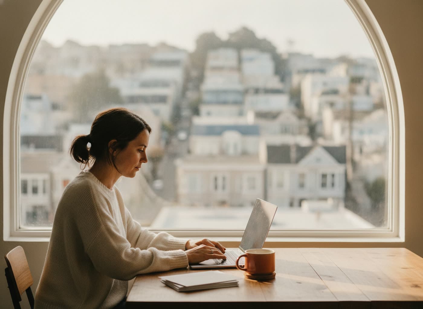 A founder working at a laptop by a bright window overlooking San Francisco hills