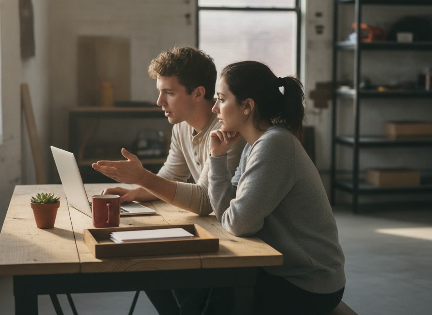 Two startup founders reviewing something on a laptop in a garage-style studio