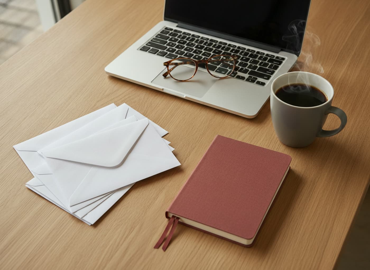 A desk with a stack of envelopes, a red notebook, and a laptop