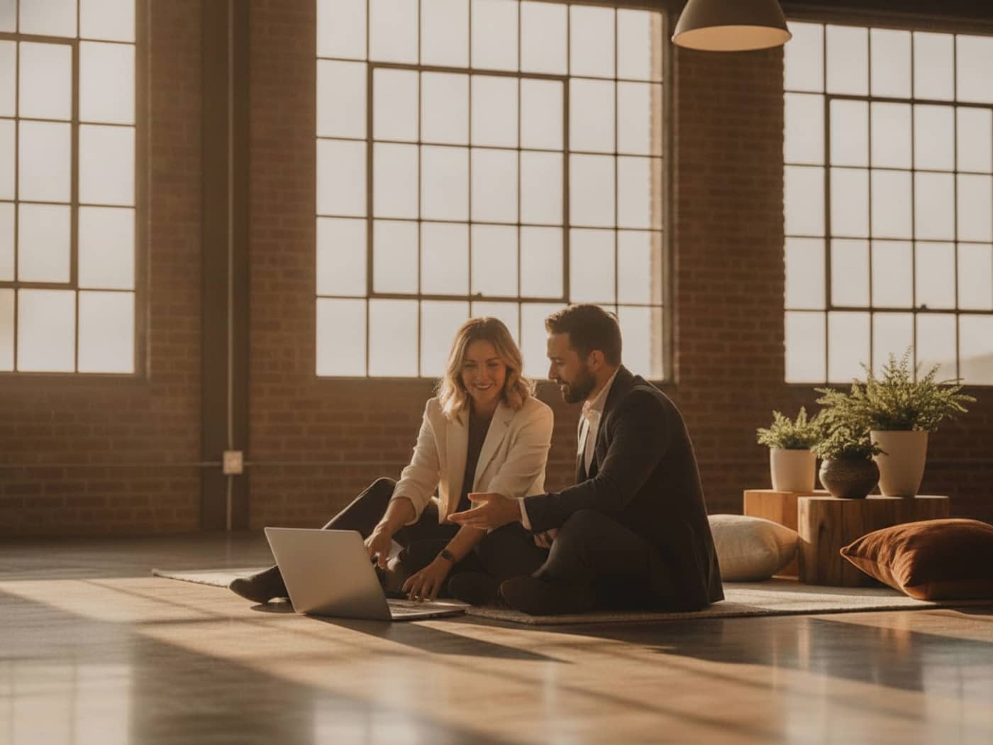 Two founders talking over a laptop in a brick warehouse-style studio in Austin