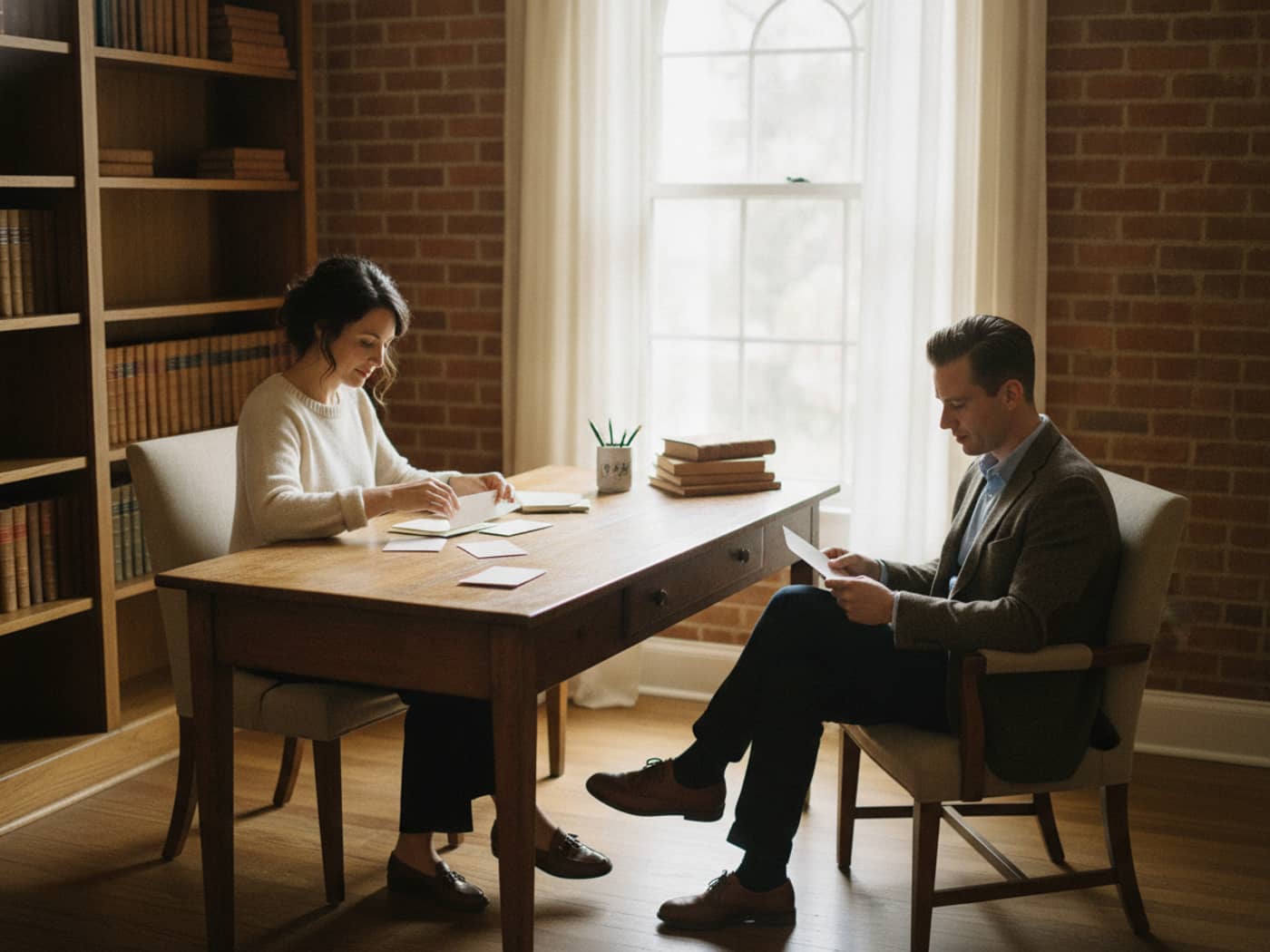 Two founders sorting paper mail at a wooden desk in a brick townhouse study in Wilmington