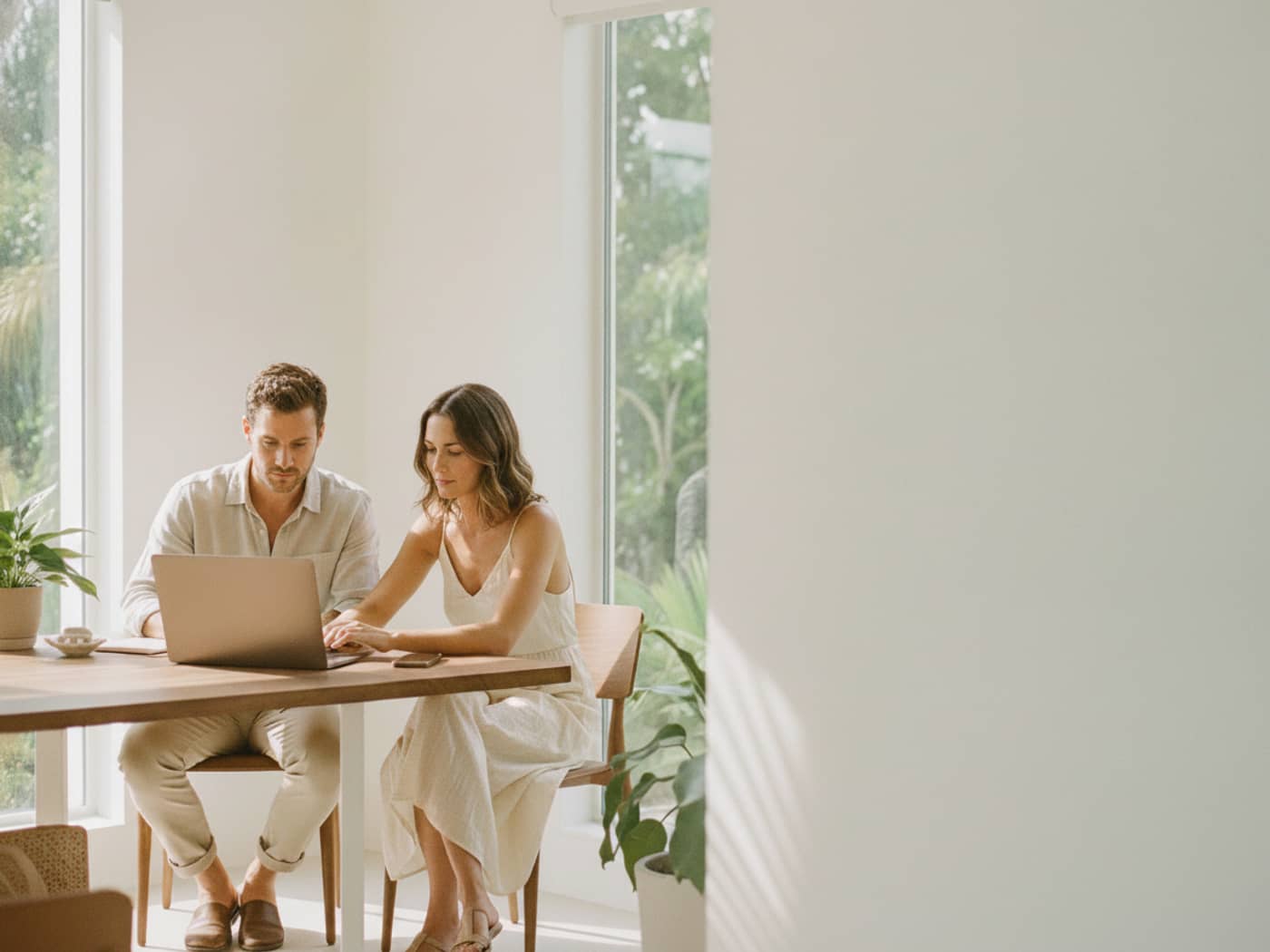 A founder at a laptop in a bright Tampa workspace with palm shadows on the window