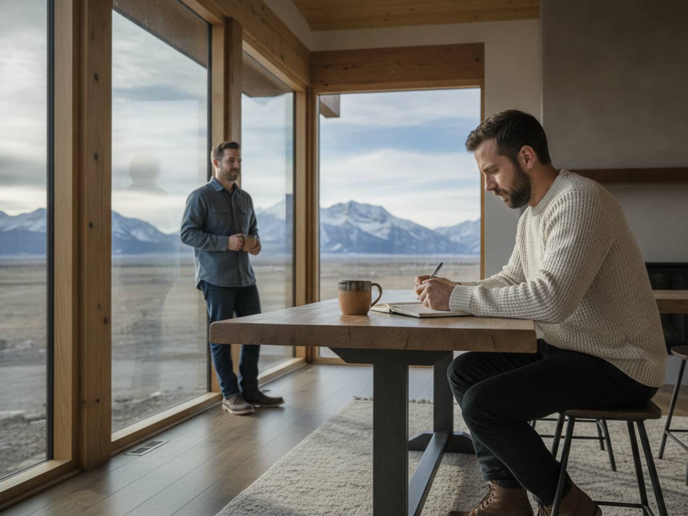 A founder writing in a notebook at a wooden table, with snowy mountains through the window of a Wyoming studio